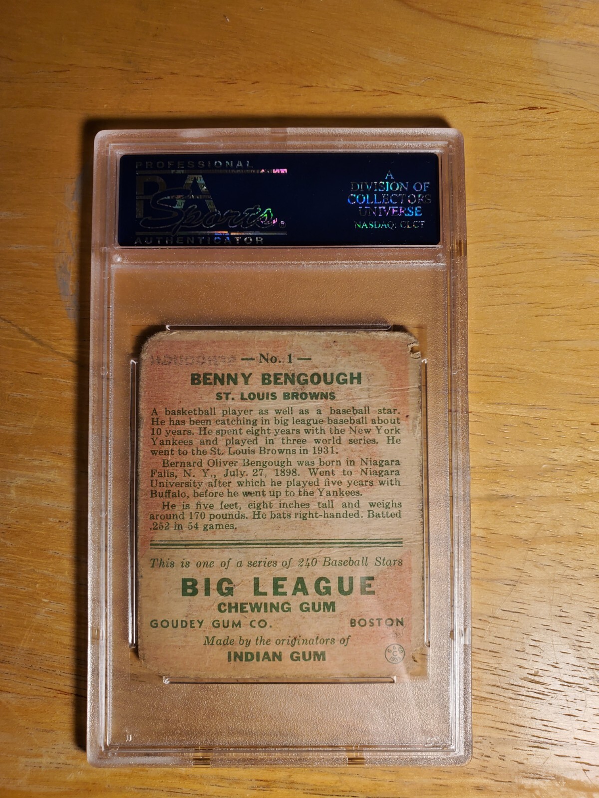 1933 Goudey Big League Chewing Gum - R319 #1 Benny Bengough (RC) PSA GRADE 1 view 2