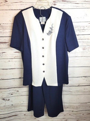 Cassada Navy Blue Formal Casual Button Shirt & Wide Leg Pants Women's Size 24W