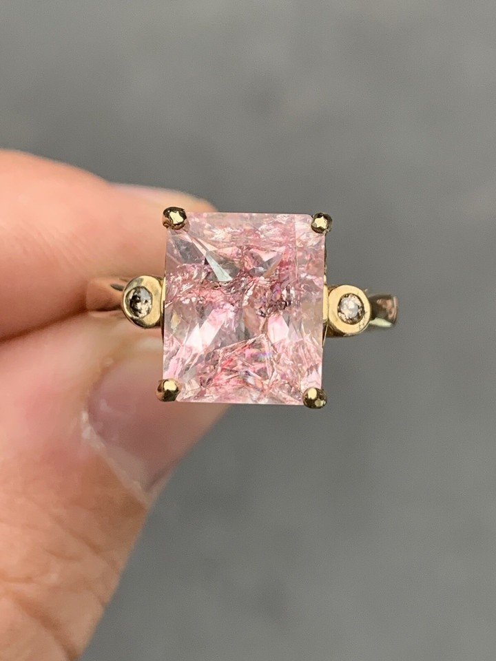 9ct gold emerald cut pink gemstone & diamond large 3 Stone Ring 4.9