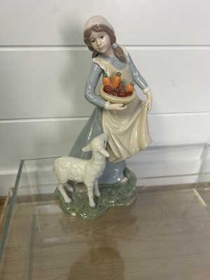 Porcelain Sheep Lamb Woman Girl Figurine Farm Country Basket 9.5
