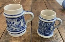 Vtg German Stoneware pottery Gray Blue Salt Glazed Beer Stein  1/4L & .4L