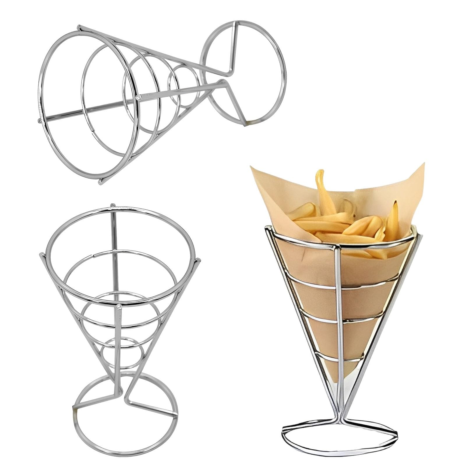 Présentoir de frites stand en métal pour panier de friture et snack, 3 pièces argentées