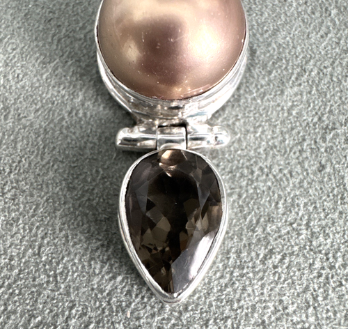 Modernist Mabe Pearl Faceted Smoky Quartz Pendant Sterling Silver 20" Necklace - Picture 16 of 21