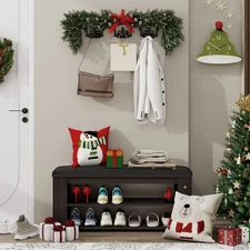 Versatile PU Entryway Bench with Hook - Shoe Rack Stool for Hallway, Bedroom