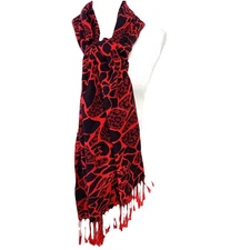 Pashmina Scarf Wrap Red Animal Print Fringe Throw Boho Layer  25" by 70"