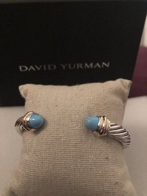 David Yurman 925 Silver 14K Gold Turquoise 7mm Cable Classic Cuff Bracelet Sz M