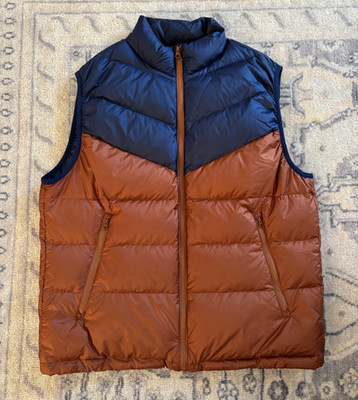Outerknown navy and sepia brown puffer vest mens size large surf 