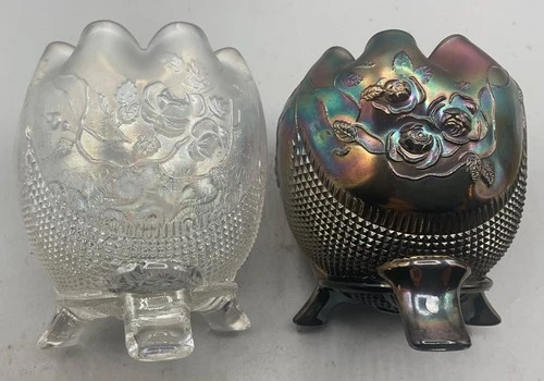 PAIR OF VINTAGE CARNIVAL NORTHWOOD FINE CUT ROSES FOOTED ROSE BOWLS “ PUR WH”