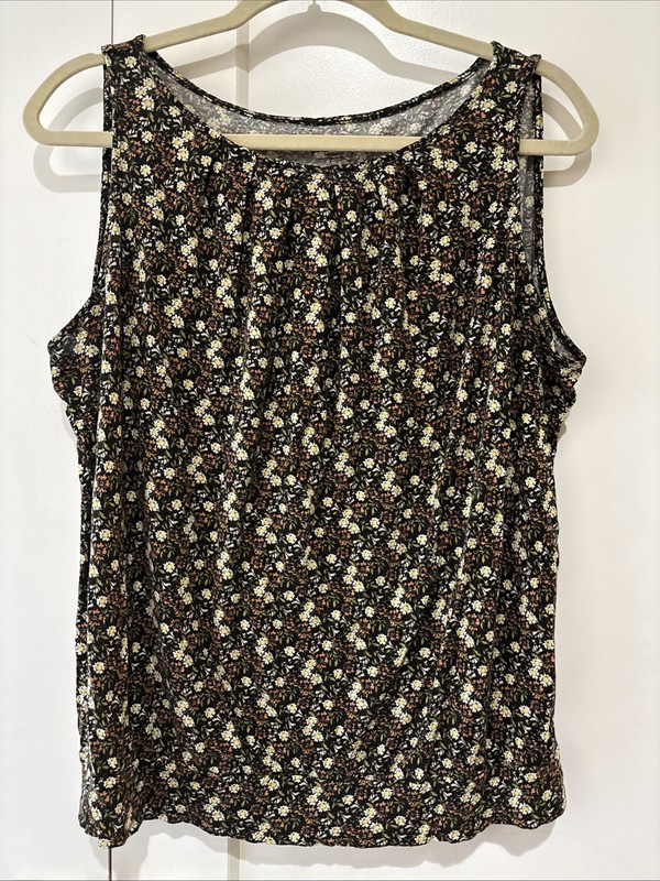Ann Taylor Loft Large Rayon Blend Soft Tank Floral Black Shirt Top Blouse Summer