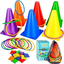 3 in 1 Carnival Games Set, Soft Plastic Cones Bean Bags Ring Toss Games for K...