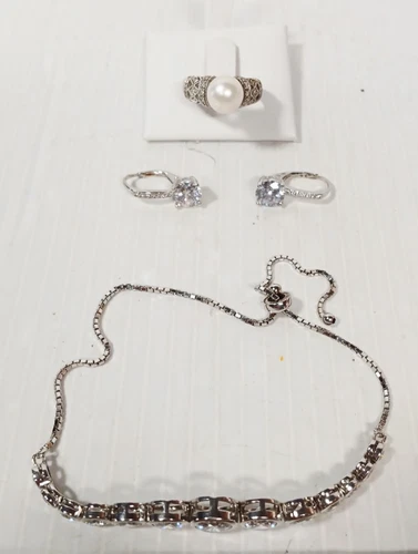 Sterling Silver 925 Jewelry Lot Vintage Earrings, Ring, & Bracelet Diamond Gems