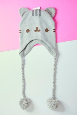 Pusheen Cat Face Beanie with Ear Flaps Tassels Winter Hat Gray CultureFly