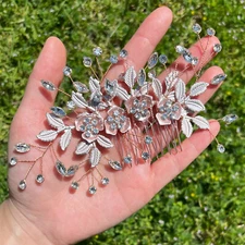 Rose Gold, Pink Flowers & Silver Leaves Austrian Crystal Hair Pin