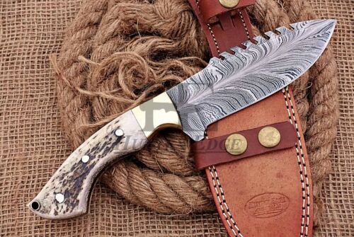 HUNTEX Custom Handmade New Feather Pattern Damascus 255mm Long Deer Antler Knife - Picture 4 of 8