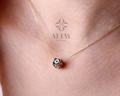 14K Gold Evil Eye Würfel Halskette, 3D Würfel Anhänger, Goldwürfel Evil Eye Halsreif Gold