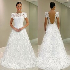 White Ivory Wedding Dresses Short Sleeves Beach Boho Backless Bridal Gowns