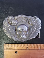 Vintage Siskiyou Pewter Winged Skull  Rose Belt Buckle