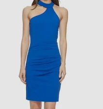 $425 Nicole Miller Women's Blue Stretch Sleeveless Mock-Neck Mini Sheath Dress 0