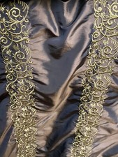 FAUX SILK EMBROIDERED DRAPERY UPHOLSTERY Rich Chocolate Brown / Gold By The Yd
