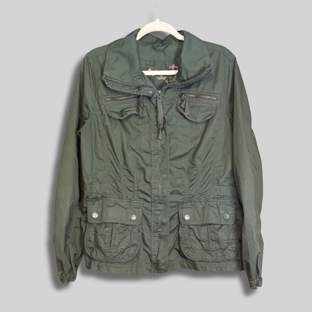 Eddie Bauer Jacket Military Style Utility Pockets Cotton Olive Green Women's L