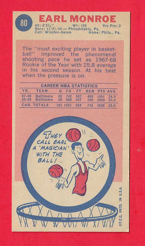 1969 Topps Tall Boys #80 Earl Monroe RC Baltimore Bullets basketball card NBA - Afbeelding 2 van 2