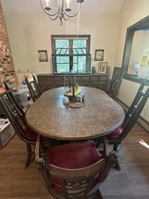 Dining Room Set Gothic Vintage 1960’s. Wood Laminate Iron Red Velvet!