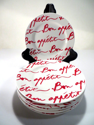 6 Ciroa Simple Serve Appetizer Plates 'Bon Appetit' White w/Red Letters 5.5''