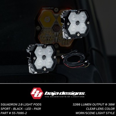 Baja Designs Squadron 2.0 Sport Clear LED Work/Scene Light Pods Pair w/ Harness