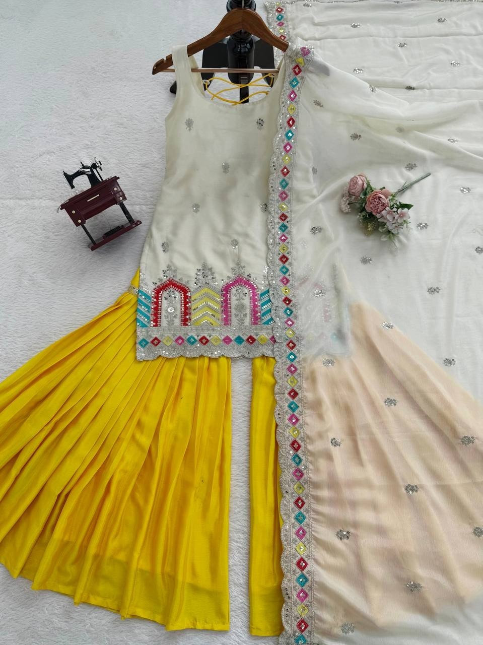 Latest Heavy Chinon Silk Off White Top Palazzo With Dupatta For Festival Wear thumbnail 5