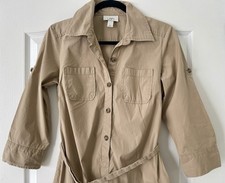 LOFT Beige Solid Shirt Dress Collared 3/4 Sleeve Button Belted Size 4