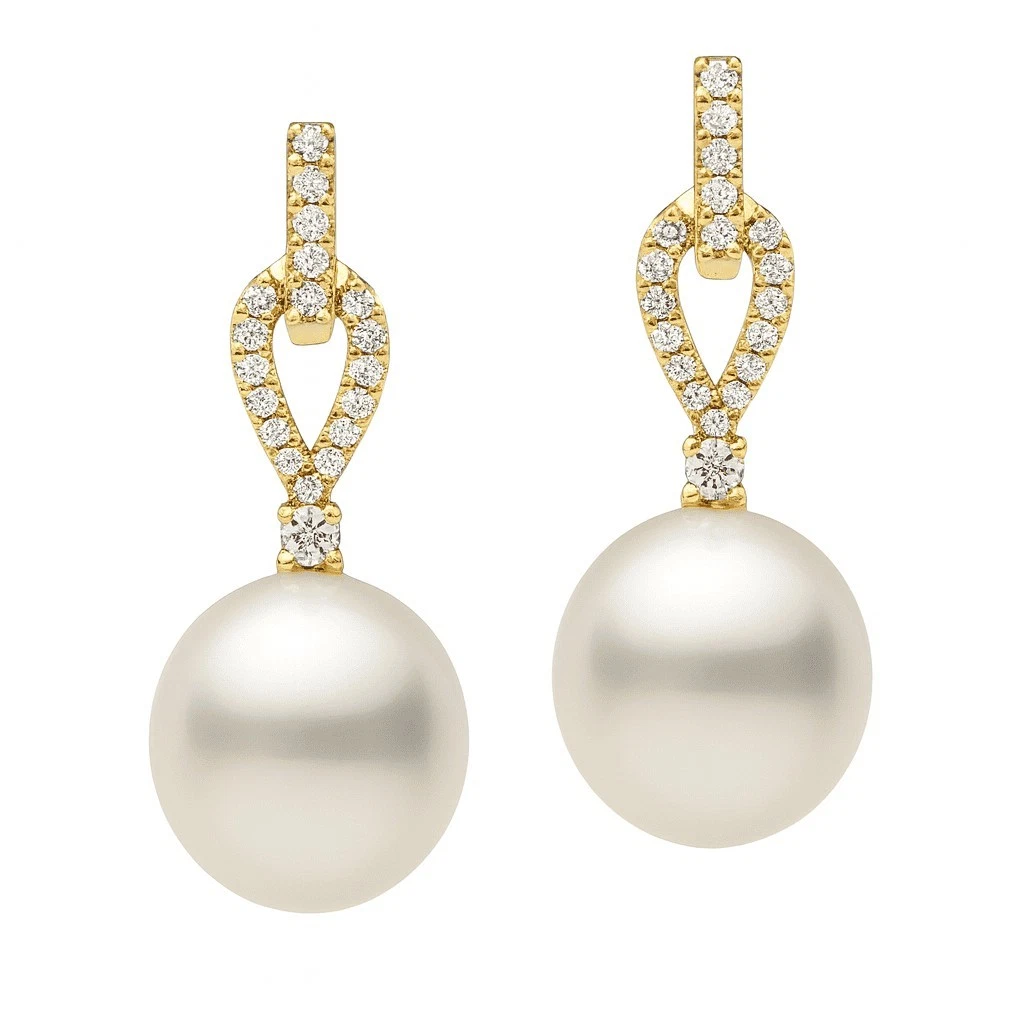 14K Yellow Gold South Sea Cultured Pearl & Diamond Earrings 10-11mm 0.27 ct tw