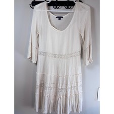 American Eagle Boho Ivory Crinkle Gauze Lace Trim Tiered Mini Dress Womens Small
