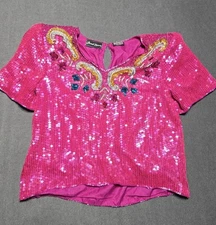 Jewel Queen Silk Pink Iridescent Sequin Top Bottom Set L Rave Taylor Swift Women