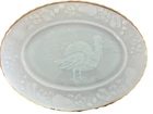 Vintage Anchor Hocking Milk Glass Turkey Platter Gold Trim Embossed Thanksgiving