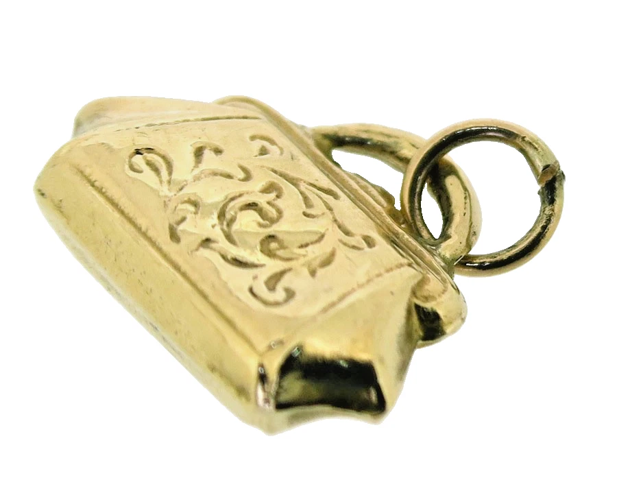 Damen Handtaschen Anhänger 9 kt Gelbgold Linien Muster Vintage Punze London 1968