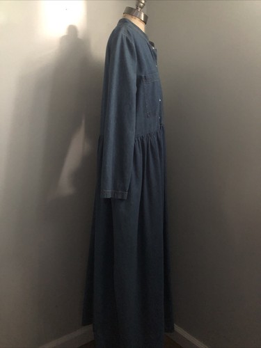 Vintage Bonnie Strauss Denim Maxi Dress Pearl Snaps Boho Prairie 12 Oversized - Picture 4 of 9