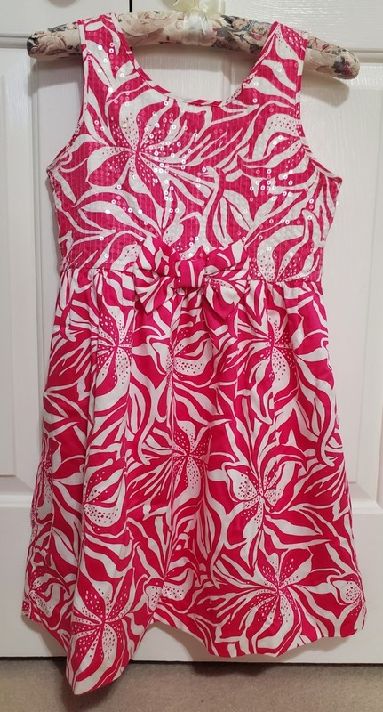 Lilly Pulitzer Pink Floral Clear Sequin Bow Sleeveless Fit And Flare Dress SZ 12