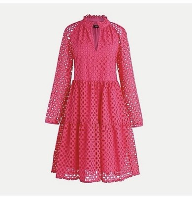 j crew pink eyelet dress J Crew Dress Womens Small Pink Eyelet Lace Long Sleeve Tiered Lined Mini  Coastal