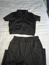 Women's Black 2pc Sweatsuit Set Zip Jacket Pants Elastic Waist Mock Neck M