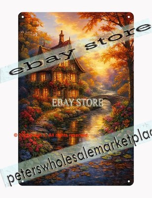 Autumn Cottage Stream Tin Sign Fall Landscape Wall Decor