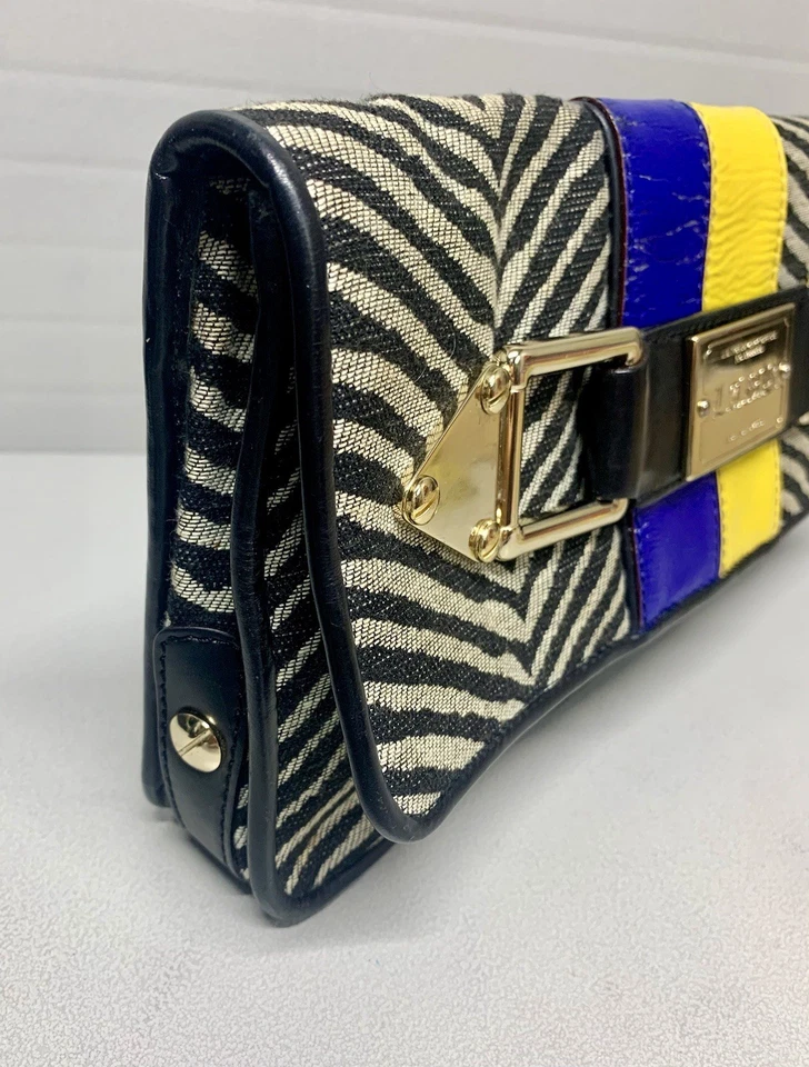 Bolso de Mano Grande LAMB Cebra con Rayas de Cuero Azul/Amarillo x Gwen Stephanie Y2K~Clásico Foto 4 de 4