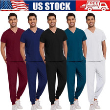 Medical Scrubs Set for Men Jogger Pants Top V-Neck Nursing Nurse Uniform Pockets