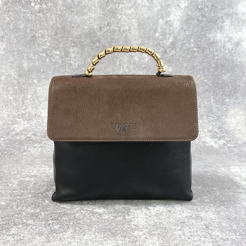 LOEWE Velasquez Top Handle Bag Leather Black Brown Embossed Logo Gold HW