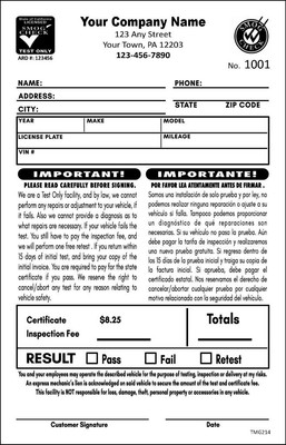 Custom California SMOG Test Form / 2 Part or 3 Part / 5.5 x 8.5 / TMG214