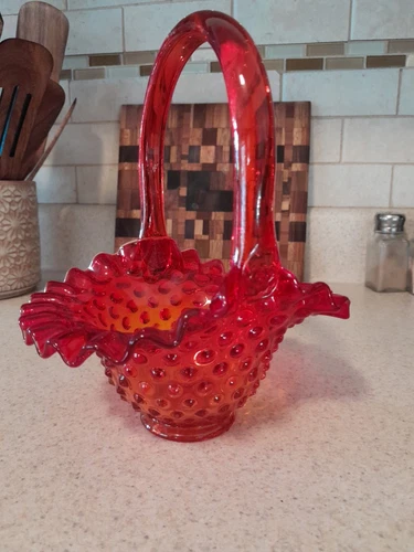 Vintage 8" Fenton Hobnail Orange/red Glass Basket