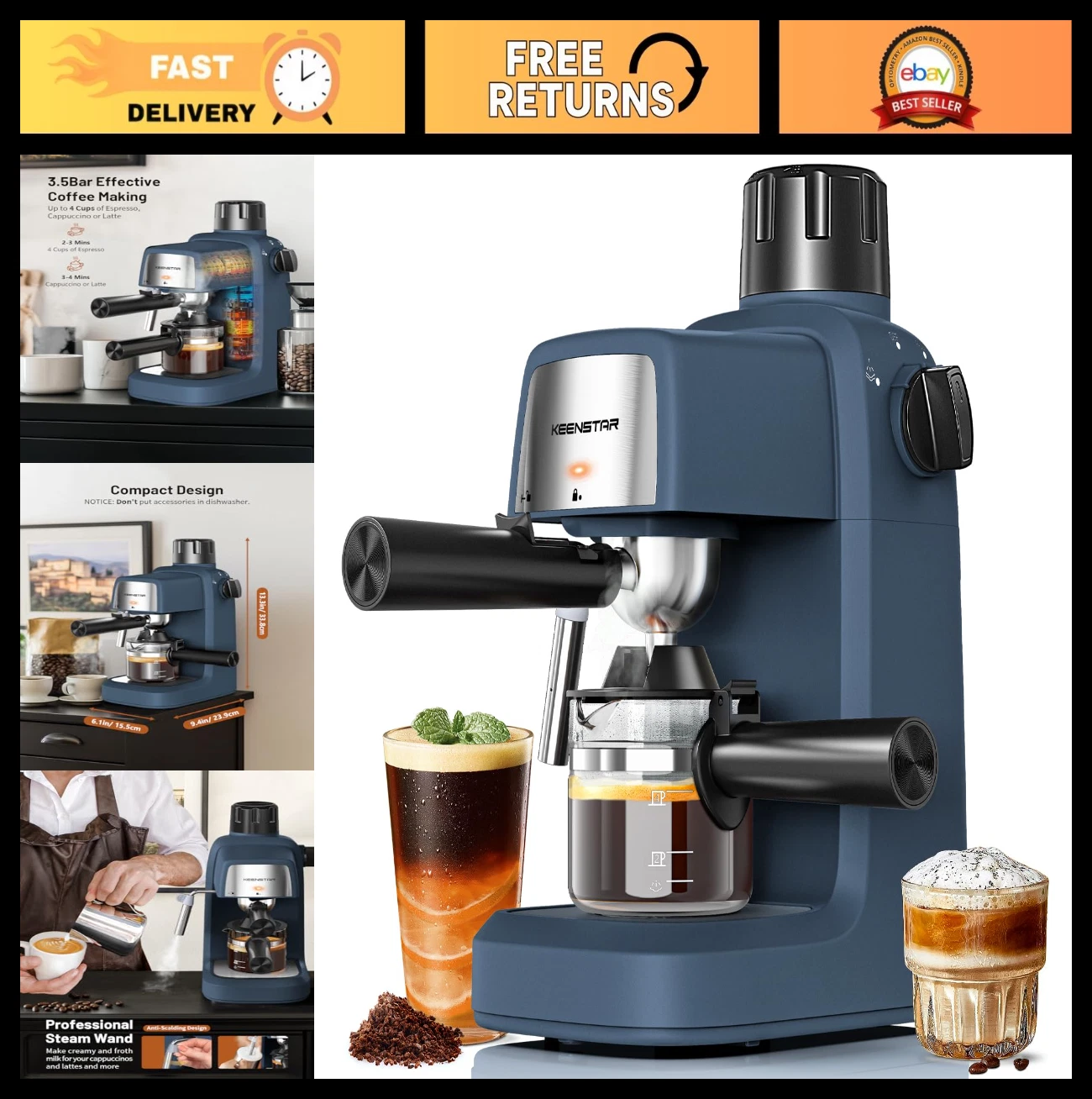 Compact 3.5Bar Espresso Machine with Milk Frother, 800W, 4-Cup Maker for Cappucc