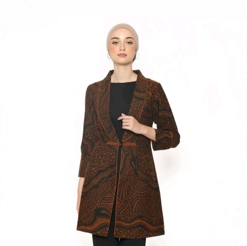 Batik Stone Caterpillar Motif  Button Premium Dobby Cotton Long Black Cardigan