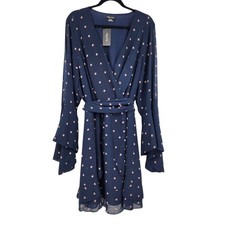 City Chic Navy Polka Dot Faux Wrap V-Neck Bell Sleeve Georgia Dress Size XXL/24