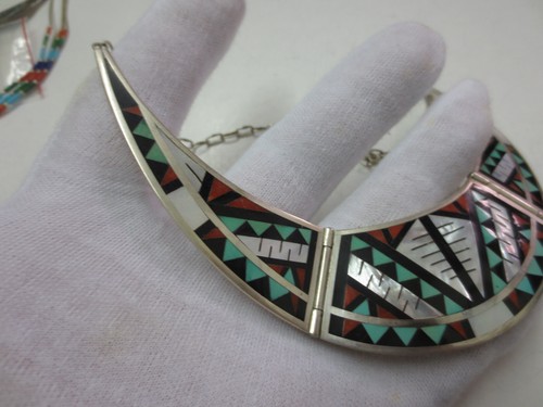 Vintage Zuni Alex and Marylita Boone Mosaic Inlay Sterling Silver Necklace #477 - Picture 7 of 9