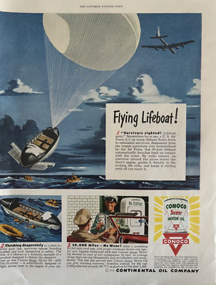 1950 Conoco Motor Oil Super Flying Lifeboat Survivors Sighted Vintage Print Ad